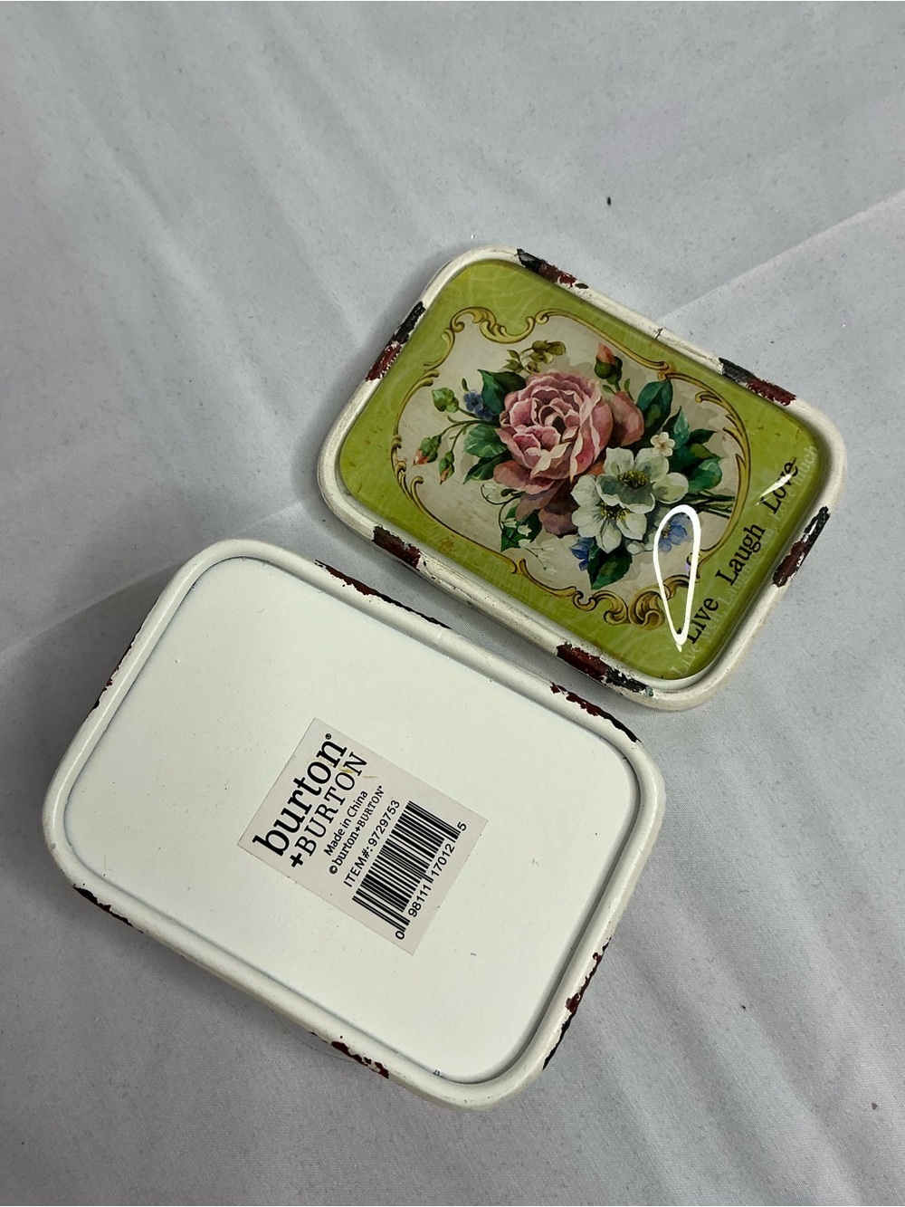 0007 - burton + BURTON White Floral Metal Trinket Box with Green Rose Lid - Picture 4 of 8
